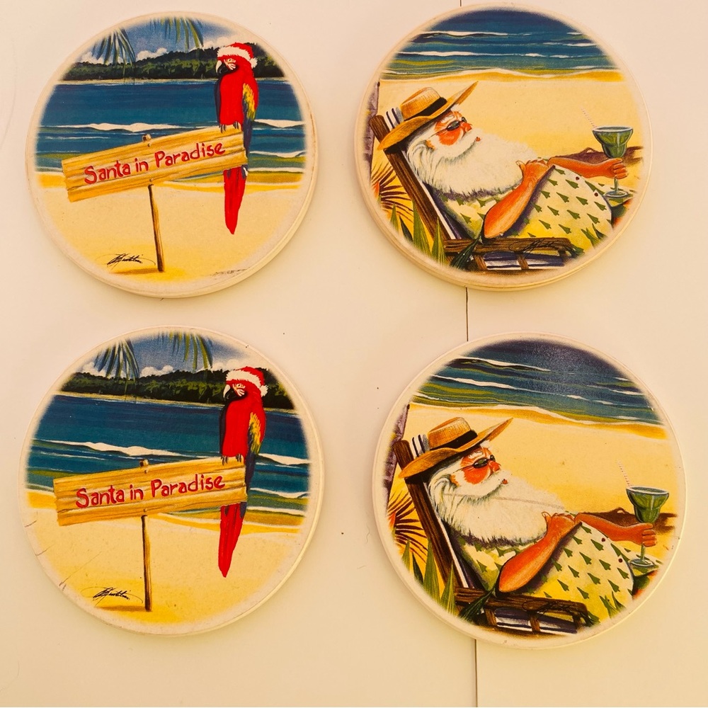 Santa In Paradise Stone Drink Coaster Set of 4 Two Designs New in Box